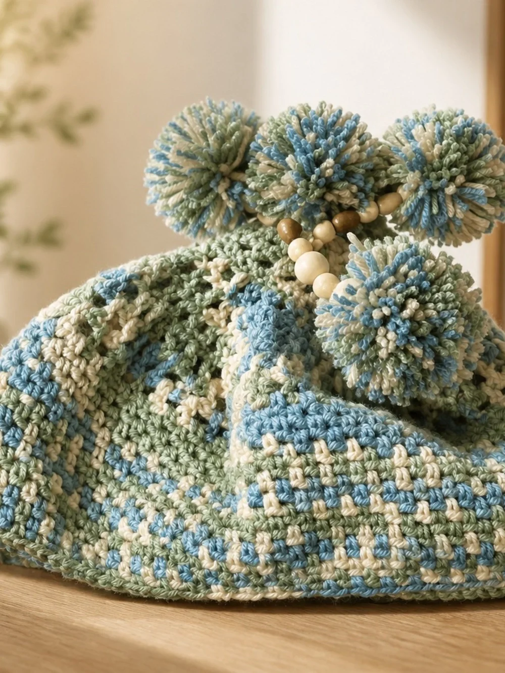 One-of-a-Kind Handcrafted Hippie Crochet Pom-Pom Hat Boho Beanie Wood Beads